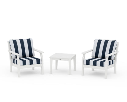 Draper James™ by  POLYWOOD® Savannah 3-Piece Deep Seating Set in White / Cabana Stripe Marine Indigo
