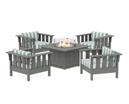 Martha Stewart by POLYWOOD® Acadia 5-Piece Deep Seating Set with Fire Pit Table in Slate Grey / Cabana Stripe Glacier Spa