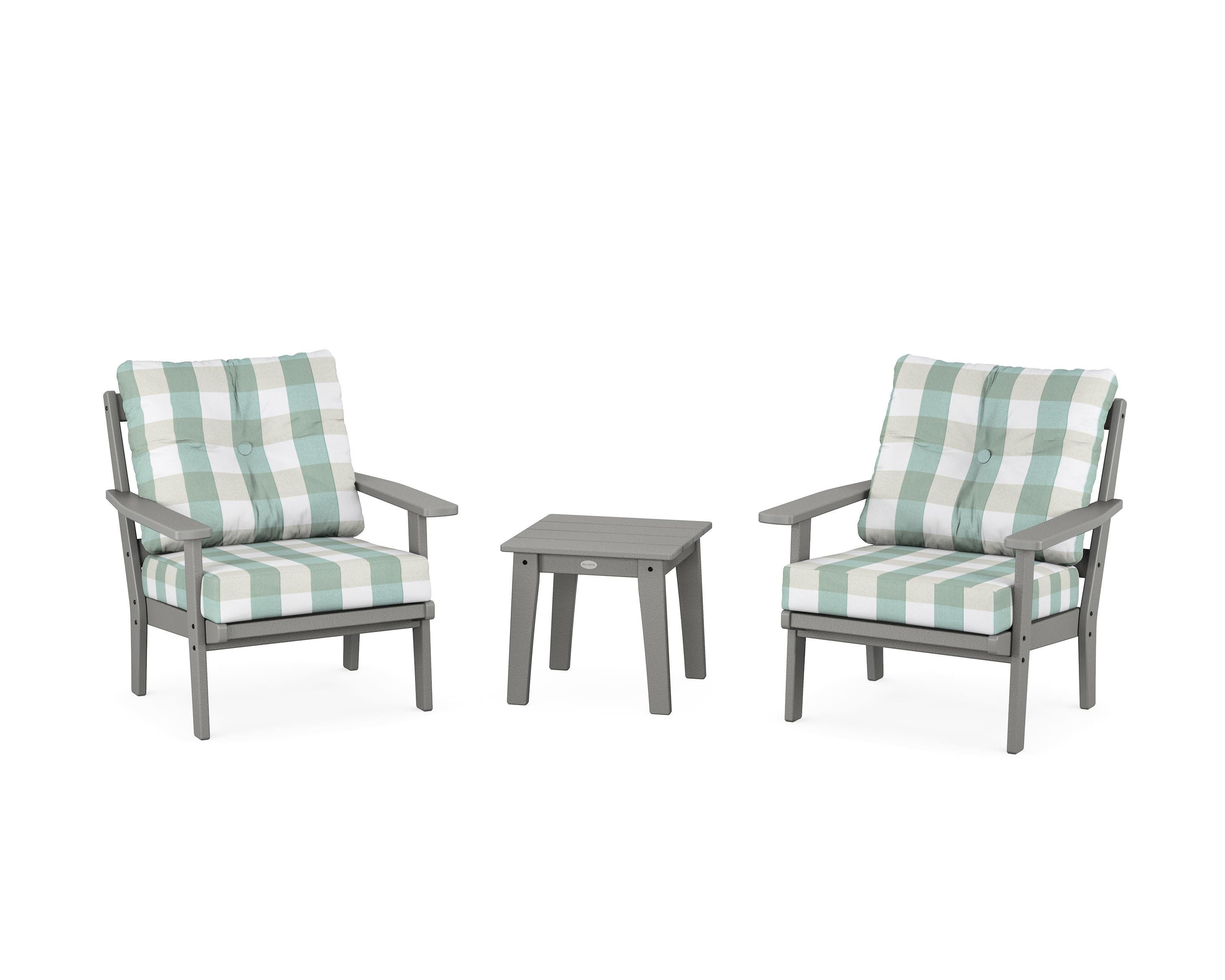 POLYWOOD® Oxford 3-Piece Deep Seating Set in Slate Grey / Buffalo Plaid Glacier Spa
