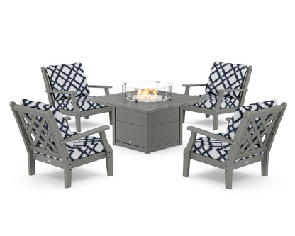 Country Living Wovendale 5-Piece Deep Seating Set with Fire Pit Table in Slate Grey / Trellis Marine Indigo