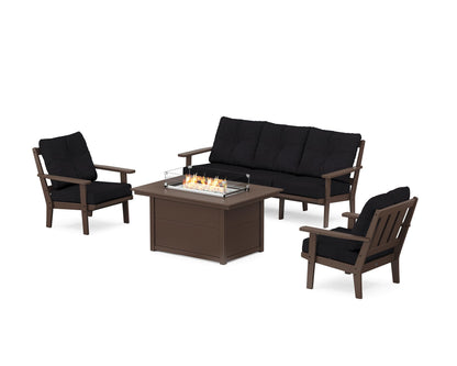 POLYWOOD® Oxford Deep Seating Fire Pit Table Set in Mahogany / Midnight Linen