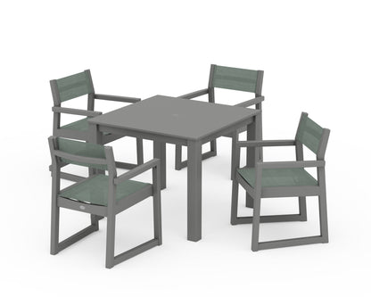 POLYWOOD® EDGE Sling Arm Chair 5-Piece Parsons Dining Set in Slate Grey / Dupioni Sea Mist Sling