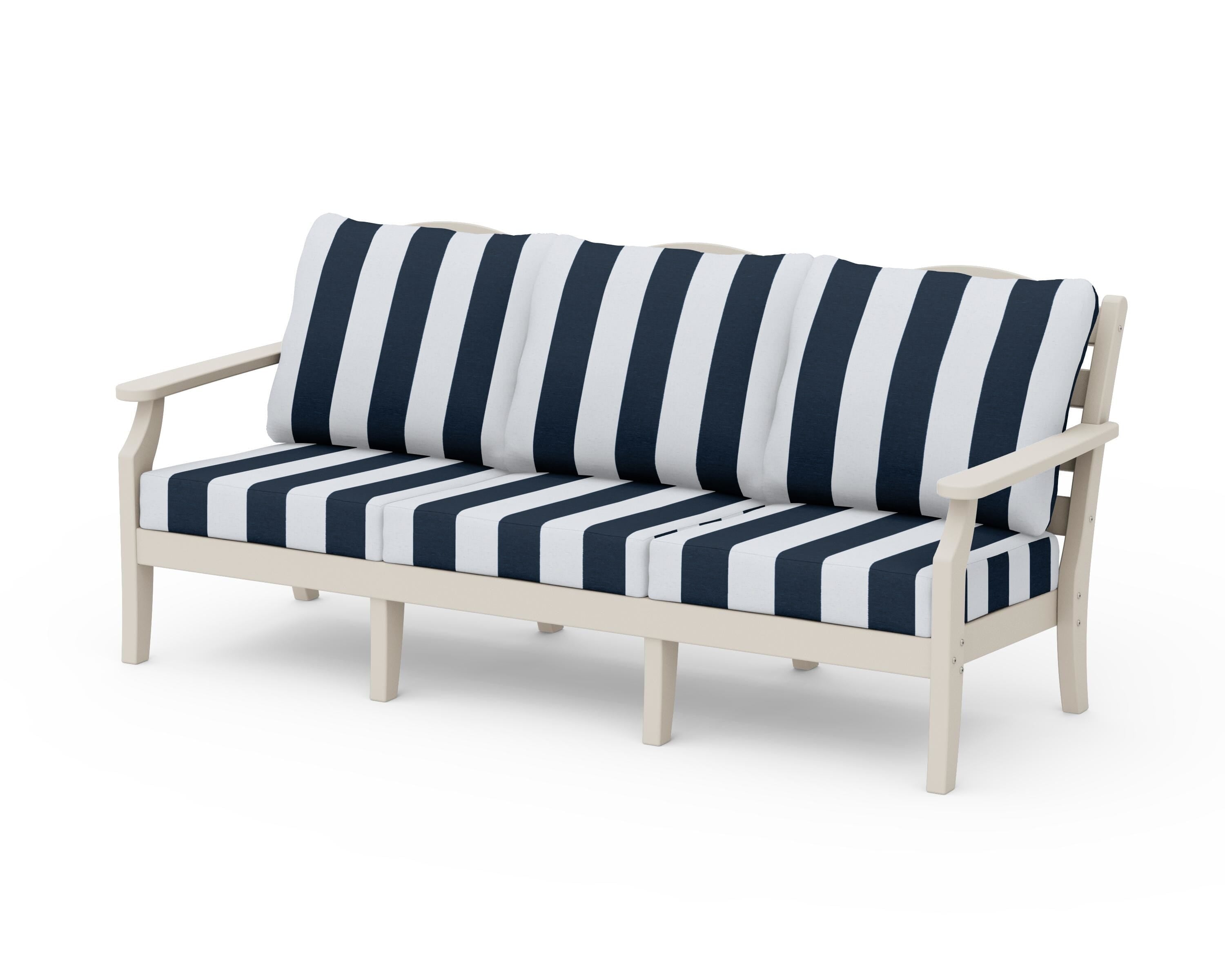 Draper James™ by  POLYWOOD® Savannah Deep Seating Sofa in Sand / Cabana Stripe Marine Indigo