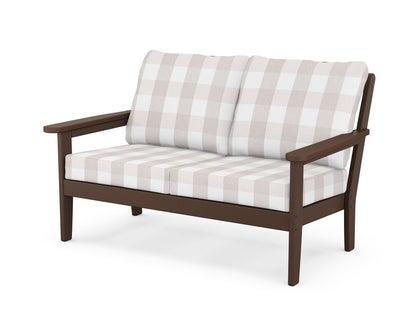 Country Living Cottage Deep Seating Loveseat in Mahogany / Buffalo Plaid Dune Burlap