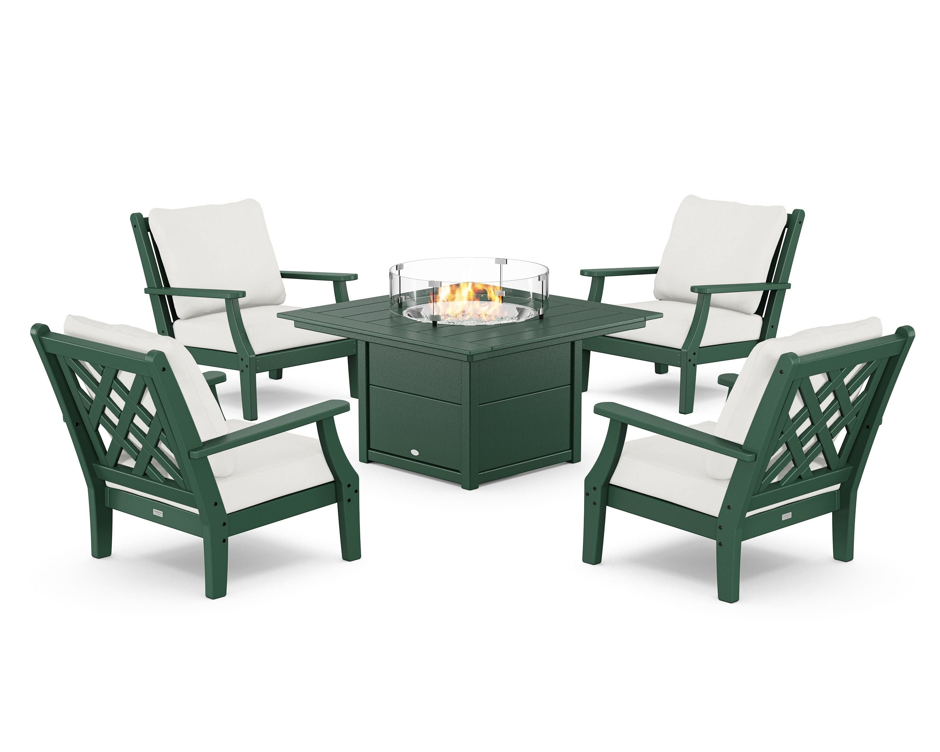 Country Living Wovendale 5-Piece Deep Seating Set with Fire Pit Table in Green / Natural Linen