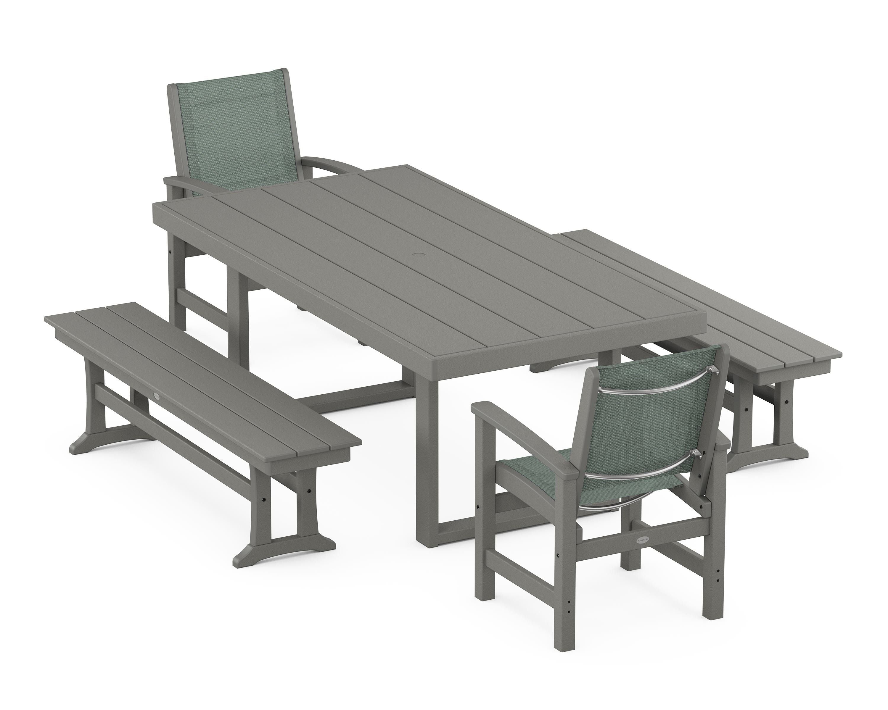 POLYWOOD® Coastal 5-Piece Dining Set with Trestle Legs in Slate Grey / Dupioni Sea Mist Sling