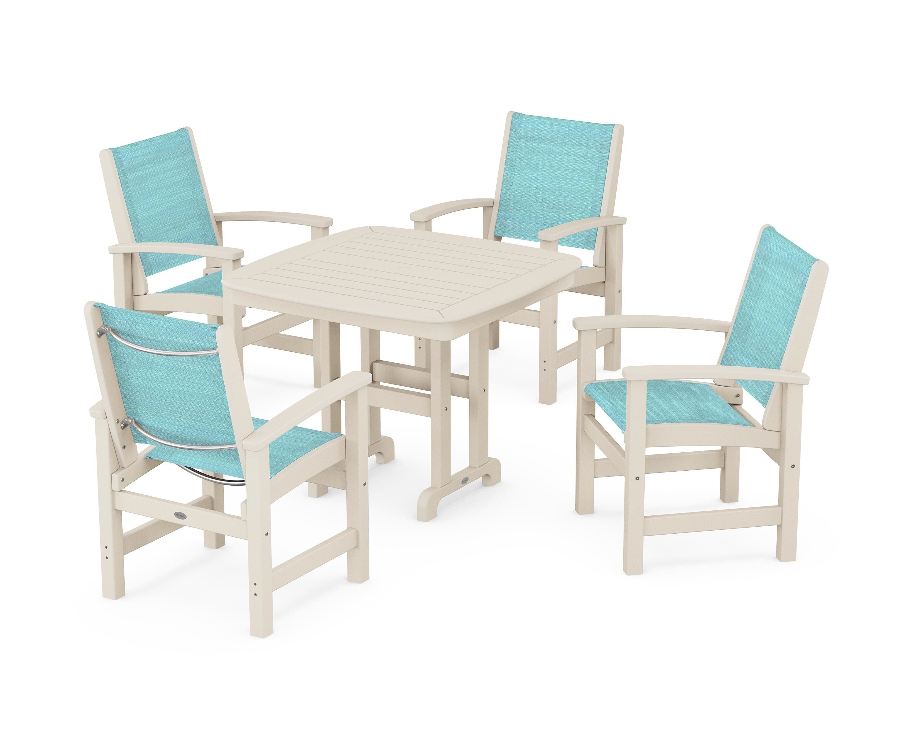 POLYWOOD® Coastal 5-Piece Dining Set in Sand / Dupioni Aquamarine Sling