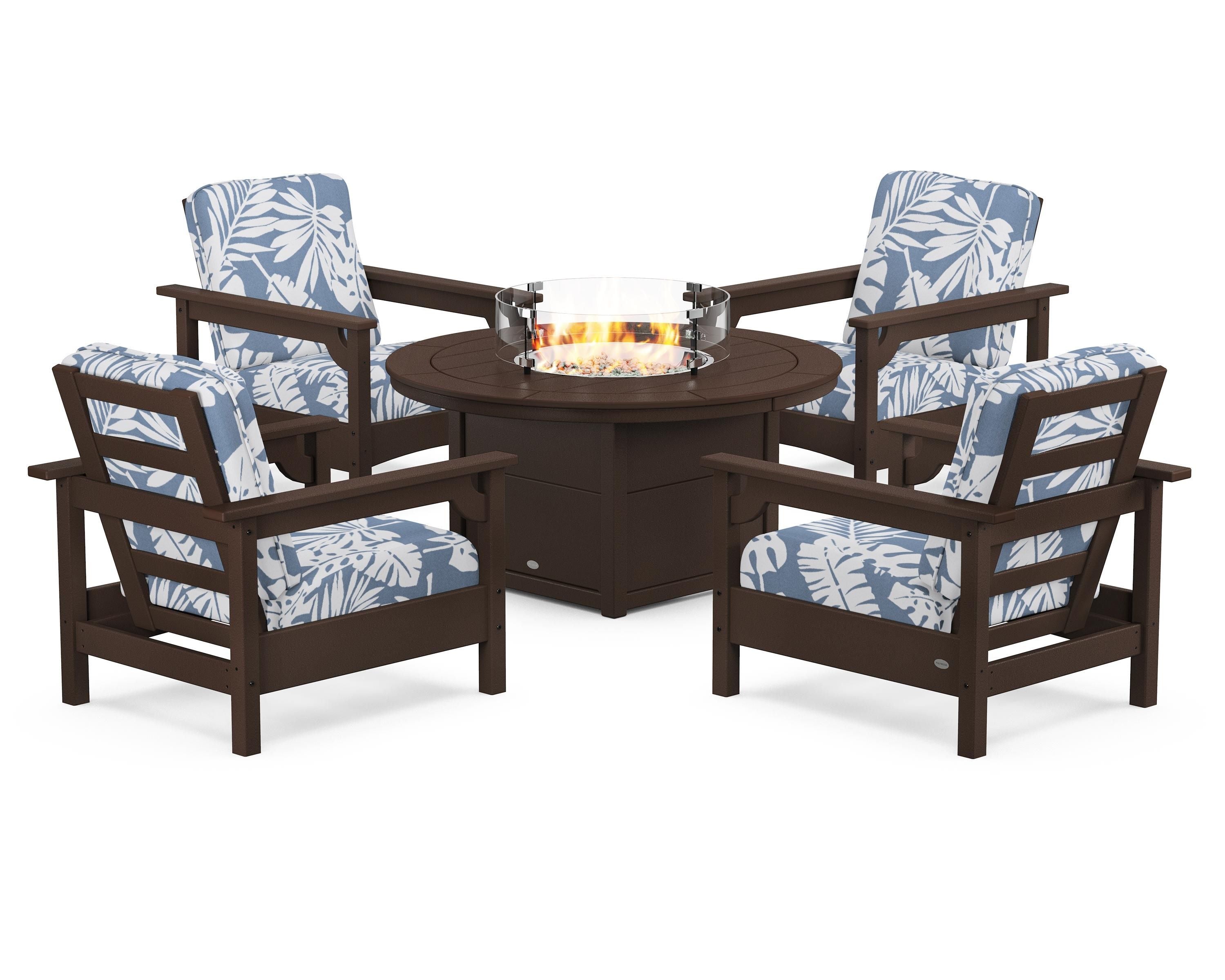 POLYWOOD® Club 5-Piece Conversation Set with Fire Pit Table in Mahogany / Leaf Sky Blue