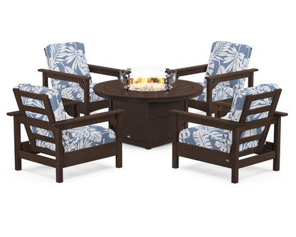 POLYWOOD® Club 5-Piece Conversation Set with Fire Pit Table in Mahogany / Leaf Sky Blue