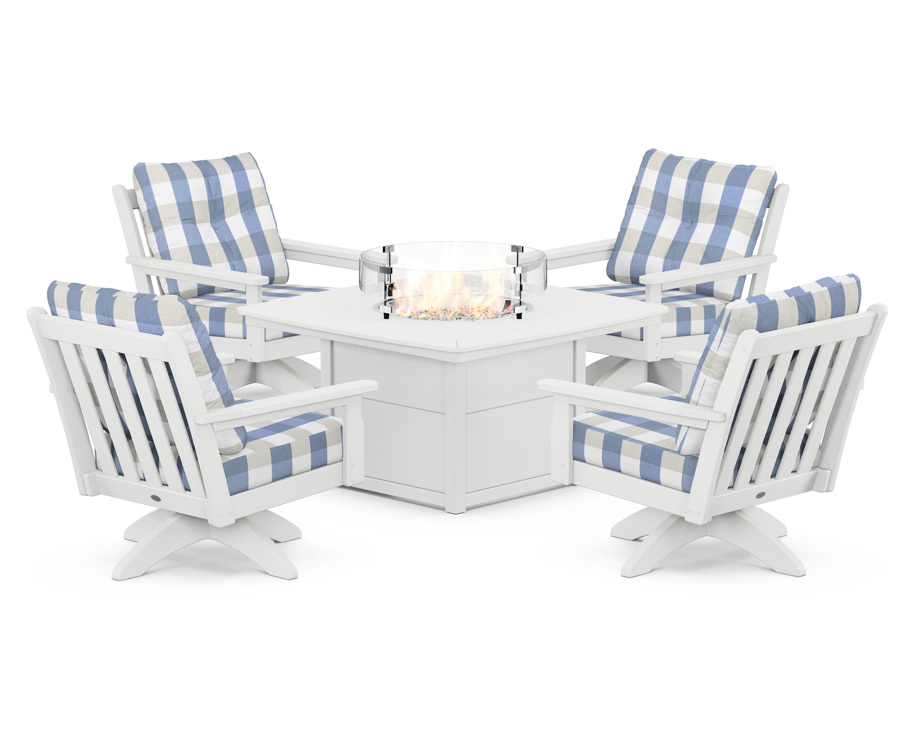 POLYWOOD® Vineyard 5-Piece Deep Seating Swivel Conversation Set with Fire Pit Table in White / Buffalo Plaid Sky Blue