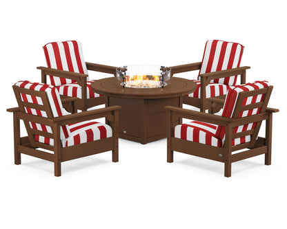 POLYWOOD® Club 5-Piece Conversation Set with Fire Pit Table in Teak / Cabana Stripe Crimson