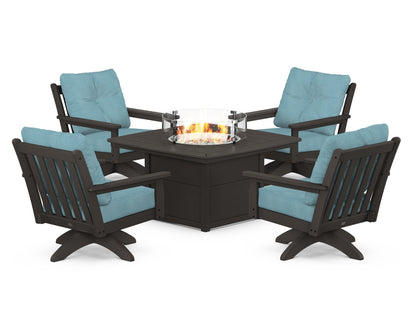 POLYWOOD® Vineyard 5-Piece Deep Seating Swivel Conversation Set with Fire Pit Table in Vintage Coffee / Lattice Sky Blue