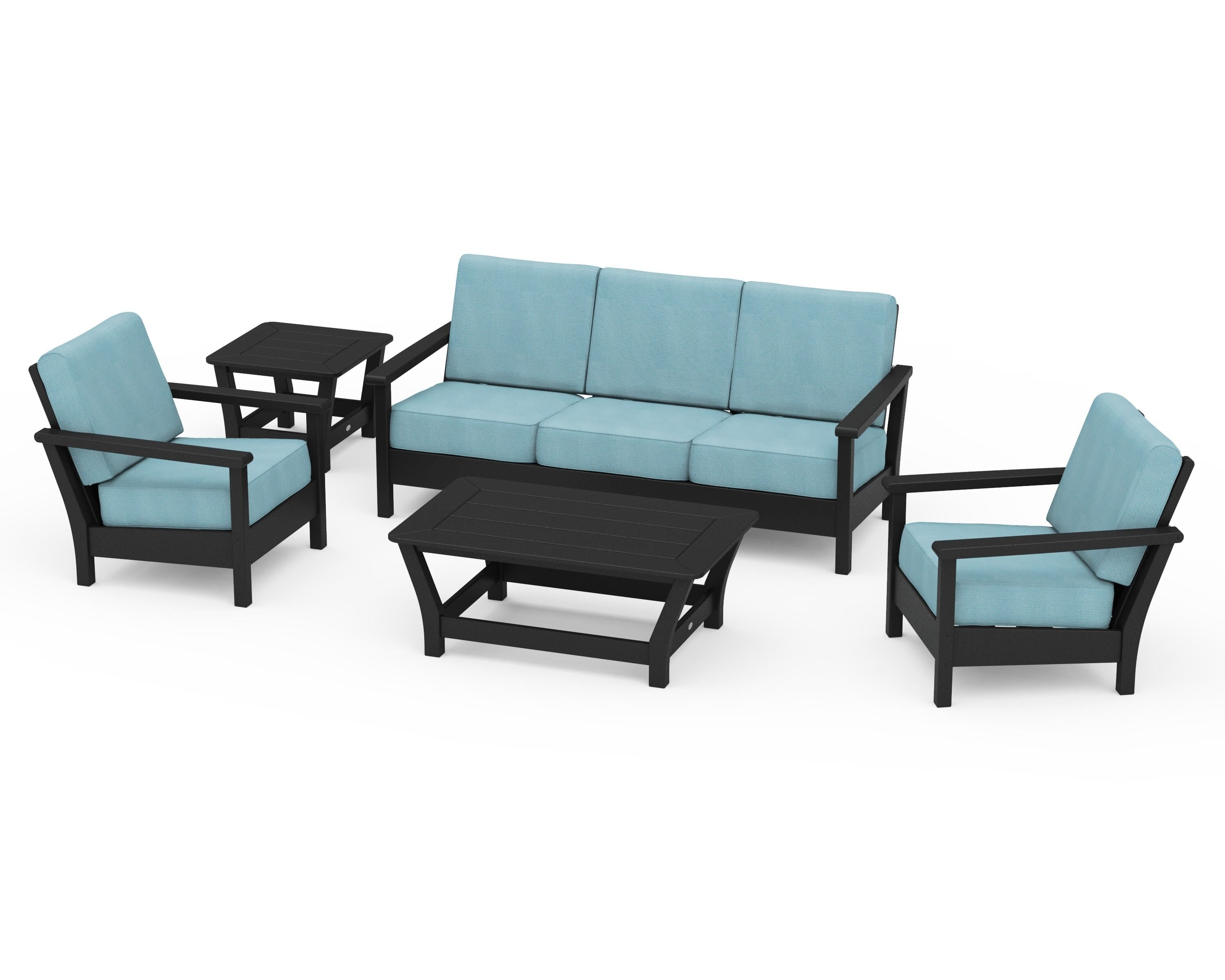 POLYWOOD® Harbour 5-Piece Deep Seating Set in Black / Lattice Sky Blue