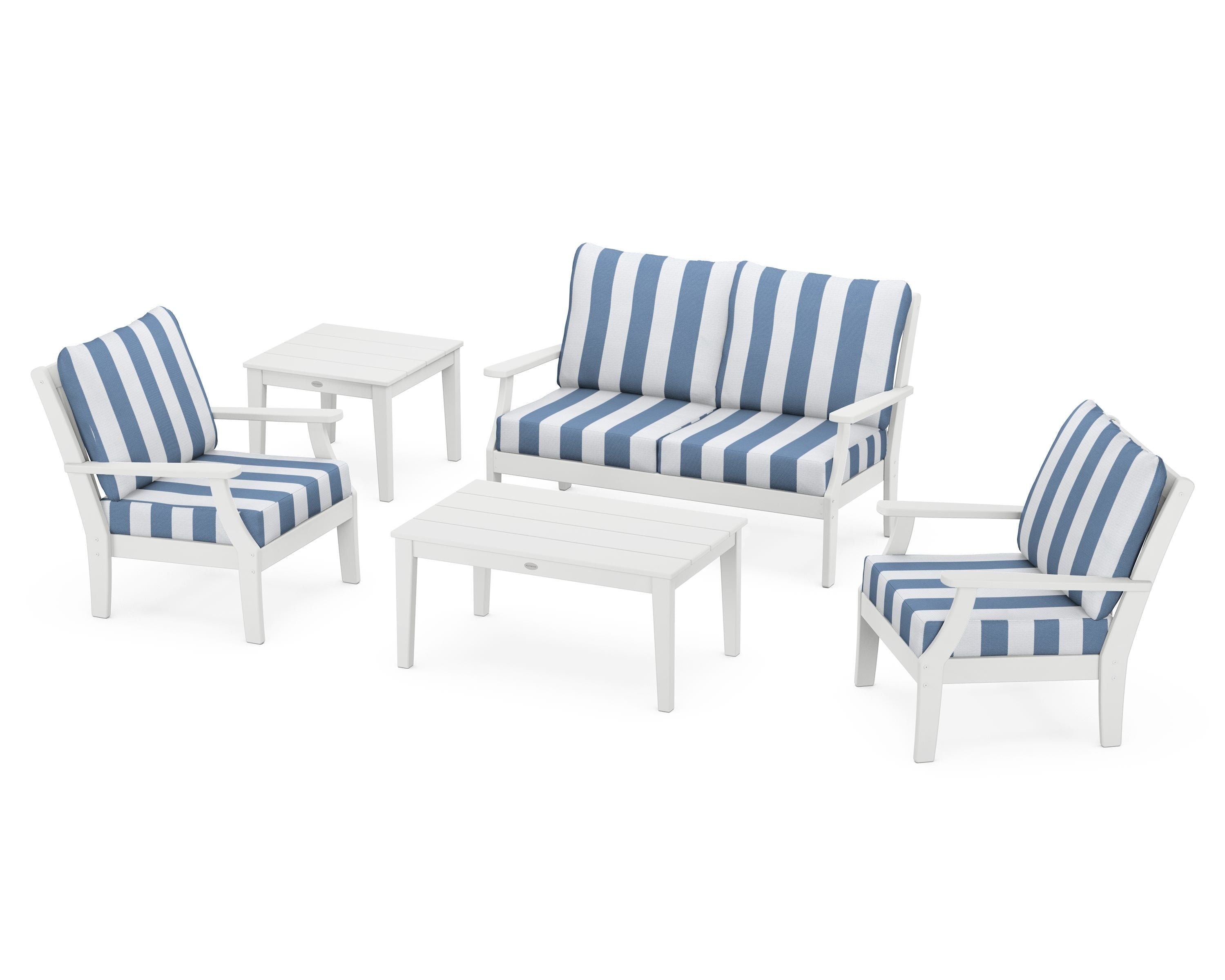 POLYWOOD® Braxton 5-Piece Deep Seating Set in White / Cabana Stripe Sky Blue