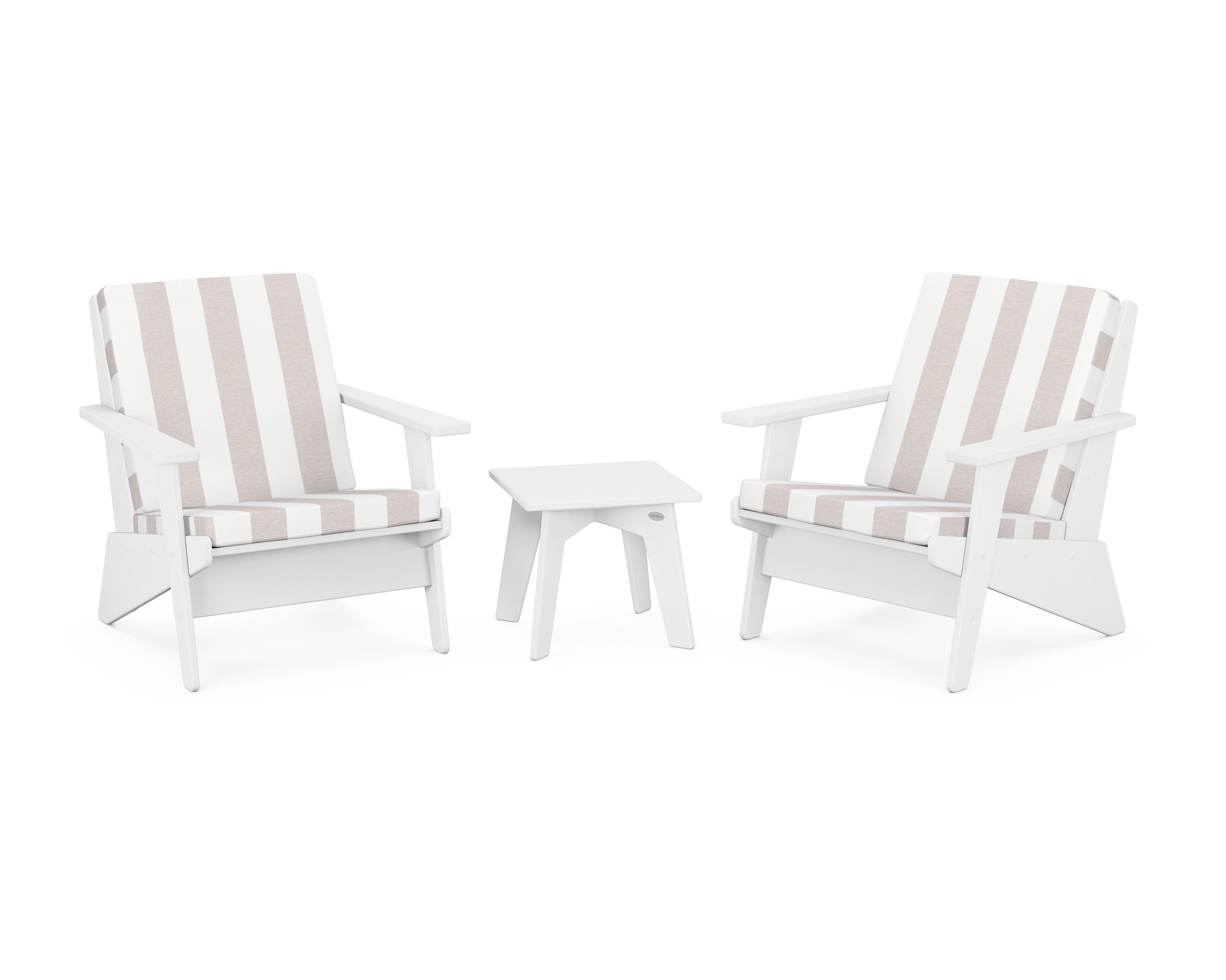 POLYWOOD® Riviera Modern Lounge 3-Piece Set in White / Cabana Stripe Dune Burlap