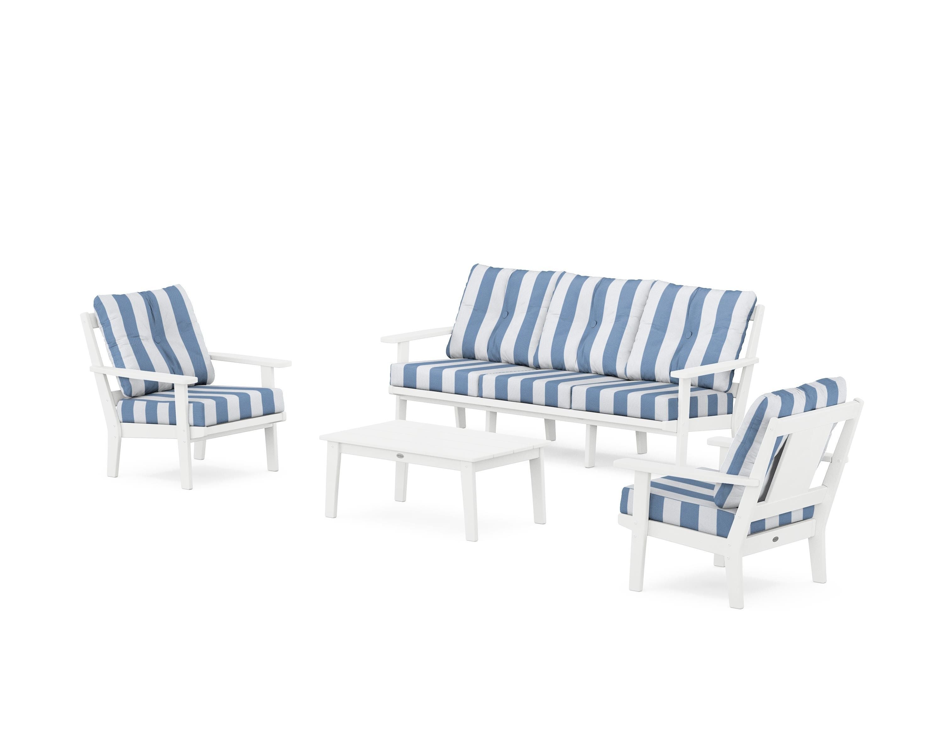 POLYWOOD® Prairie 4-Piece Deep Seating Set with Sofa in White / Cabana Stripe Sky Blue