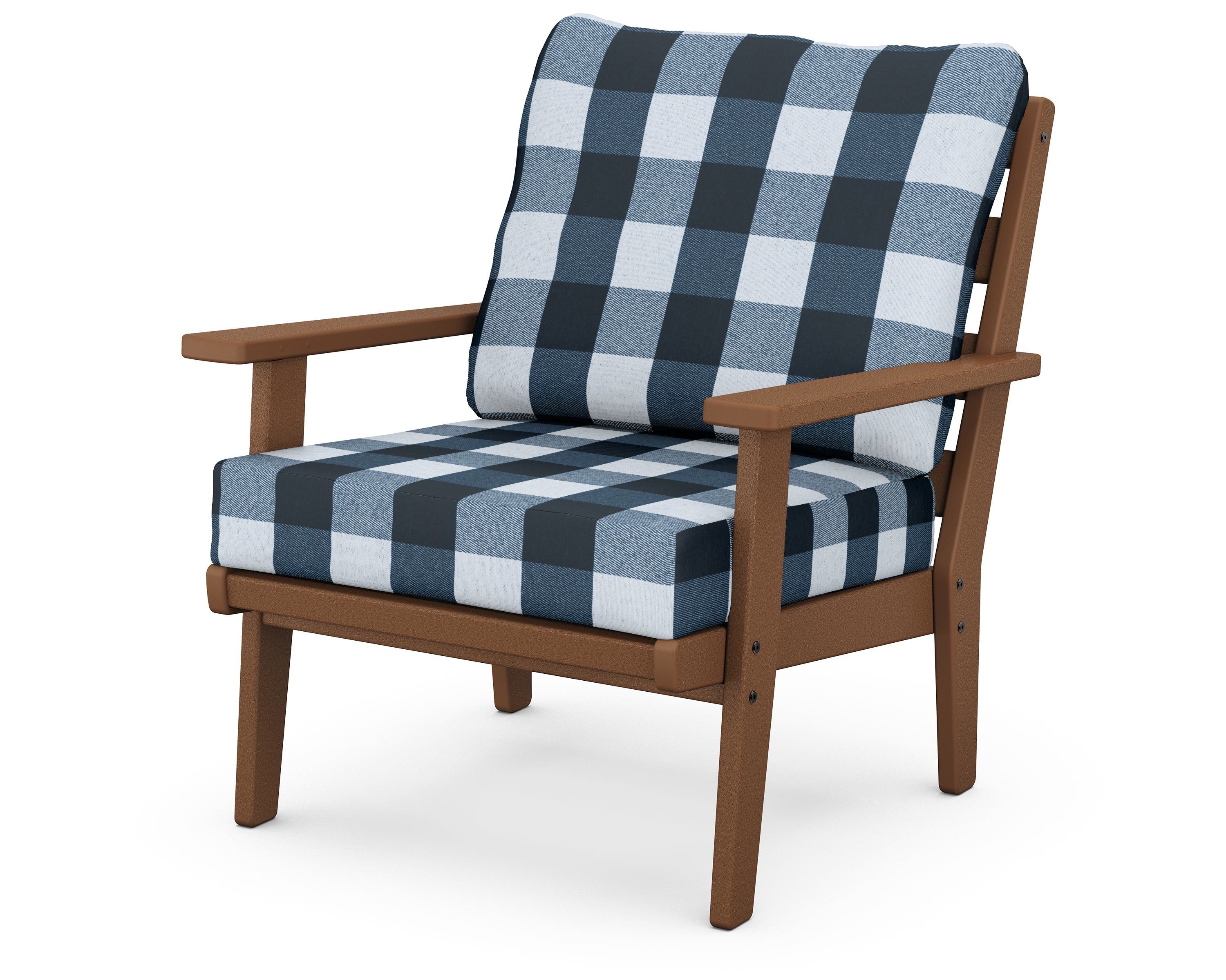 POLYWOOD® Grant Park Deep Seating Chair in Teak / Buffalo Plaid Marine Indigo