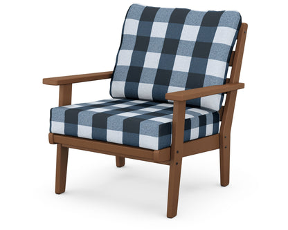 POLYWOOD® Grant Park Deep Seating Chair in Teak / Buffalo Plaid Marine Indigo
