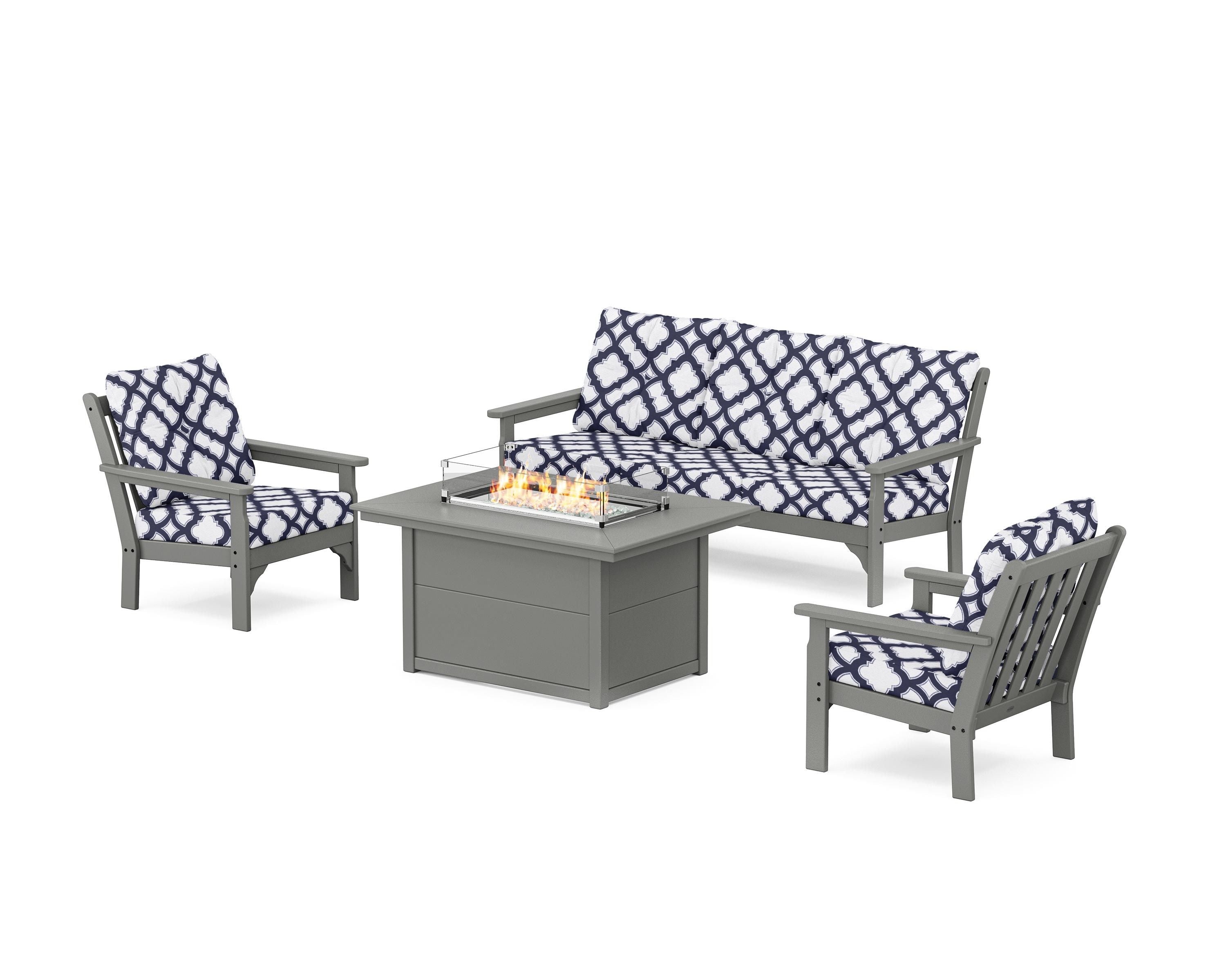 POLYWOOD® Vineyard Deep Seating Fire Pit Table Set in Slate Grey / Trellis Navy
