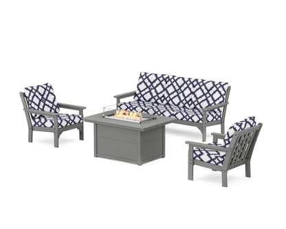 POLYWOOD® Vineyard Deep Seating Fire Pit Table Set in Slate Grey / Trellis Navy