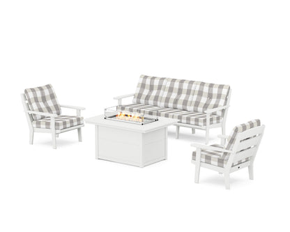 POLYWOOD® Lakeside Deep Seating Fire Pit Table Set in White / Buffalo Plaid Grey Mist