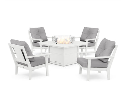 POLYWOOD® Prairie 5-Piece Deep Seating Set with Fire Pit Table in White / Granite