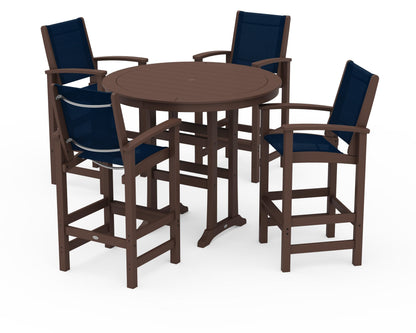 POLYWOOD® Coastal 5-Piece Nautical Trestle Bar Set in Mahogany / Navy Blue Sling