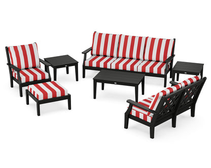 Country Living Wovendale 7-Piece Deep Seating Set in Black / Cabana Stripe Crimson