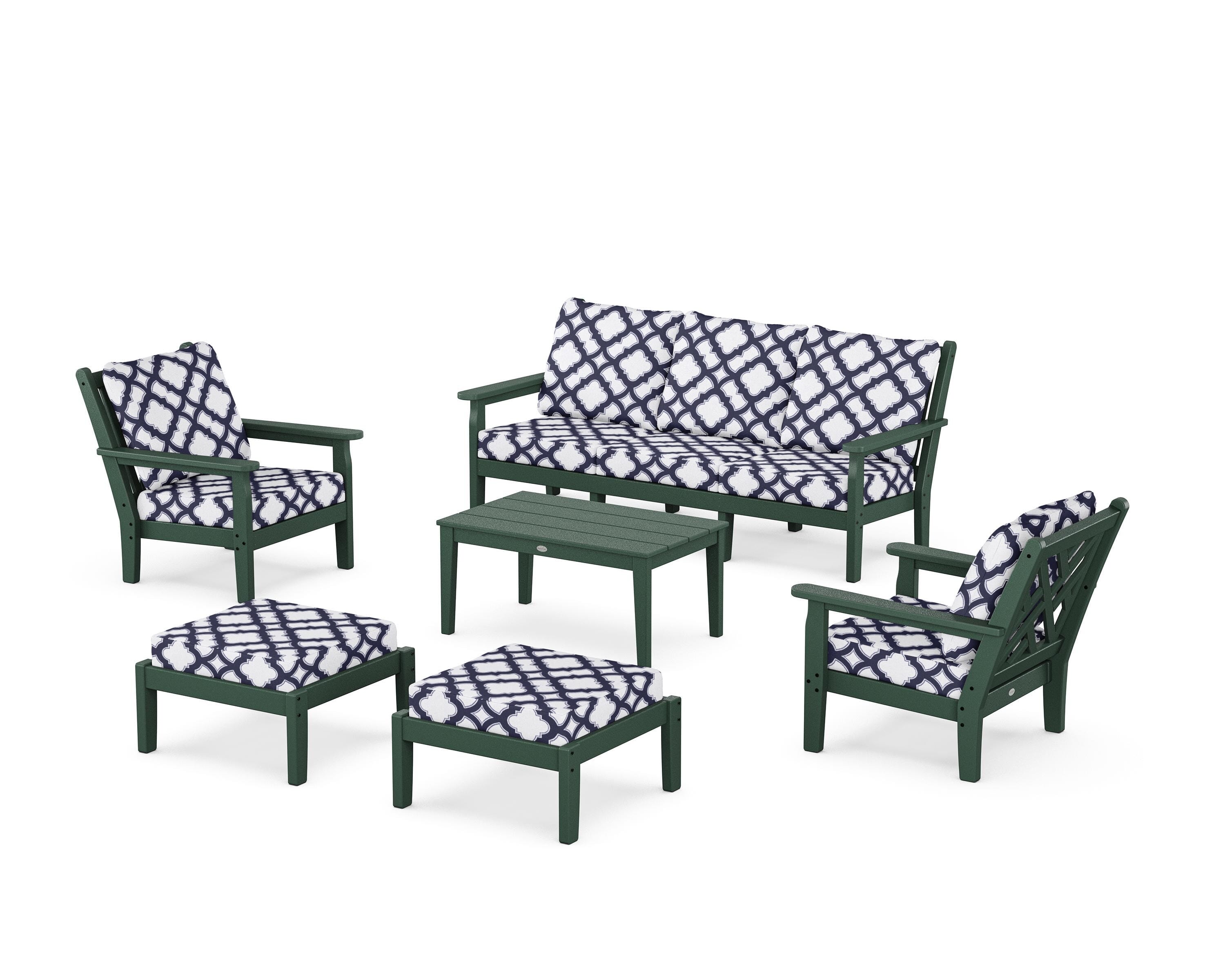 POLYWOOD® Chippendale 6-Piece Lounge Sofa Set in Green / Trellis Navy
