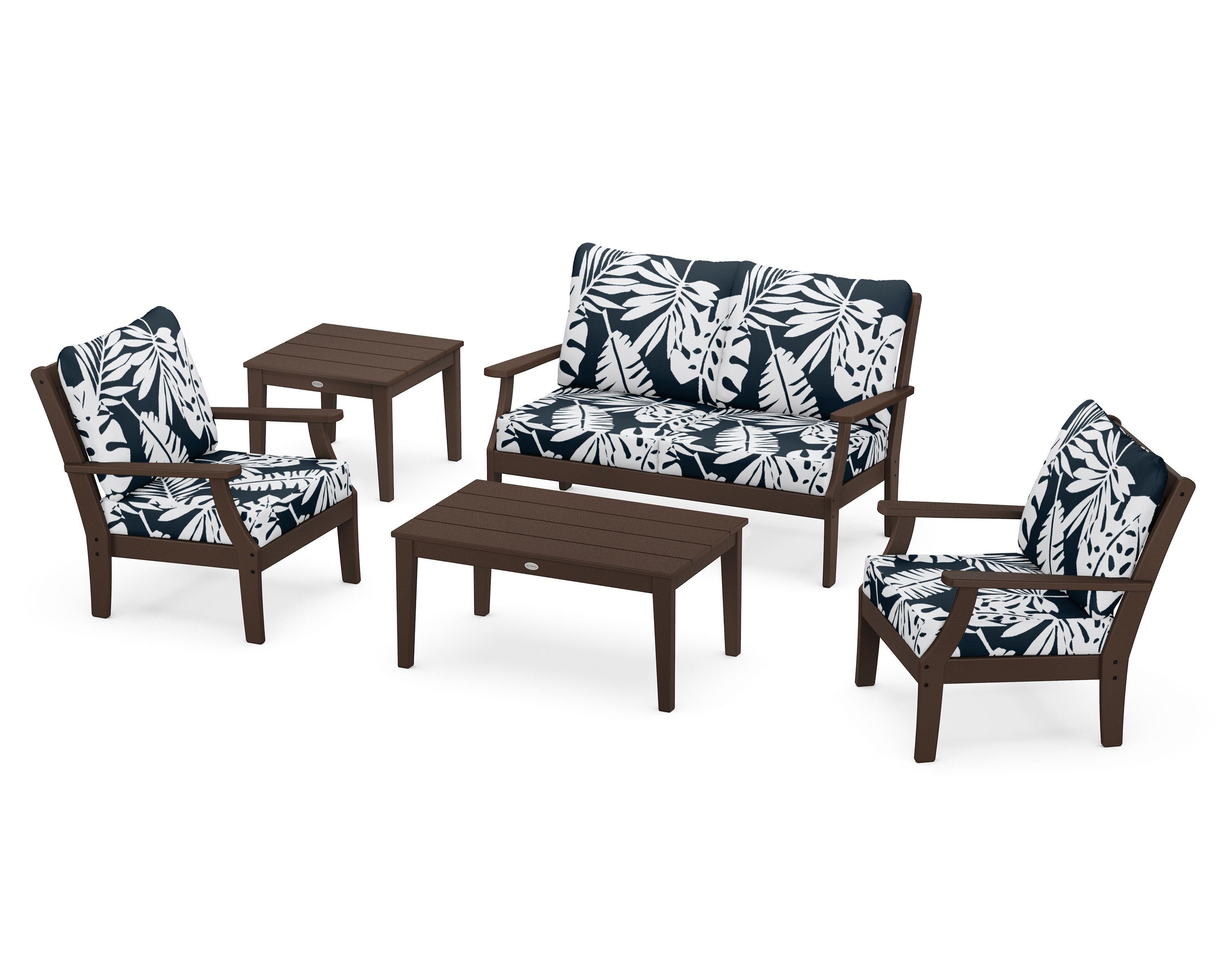 POLYWOOD® Braxton 5-Piece Deep Seating Set in Mahogany / Leaf Marine Indigo