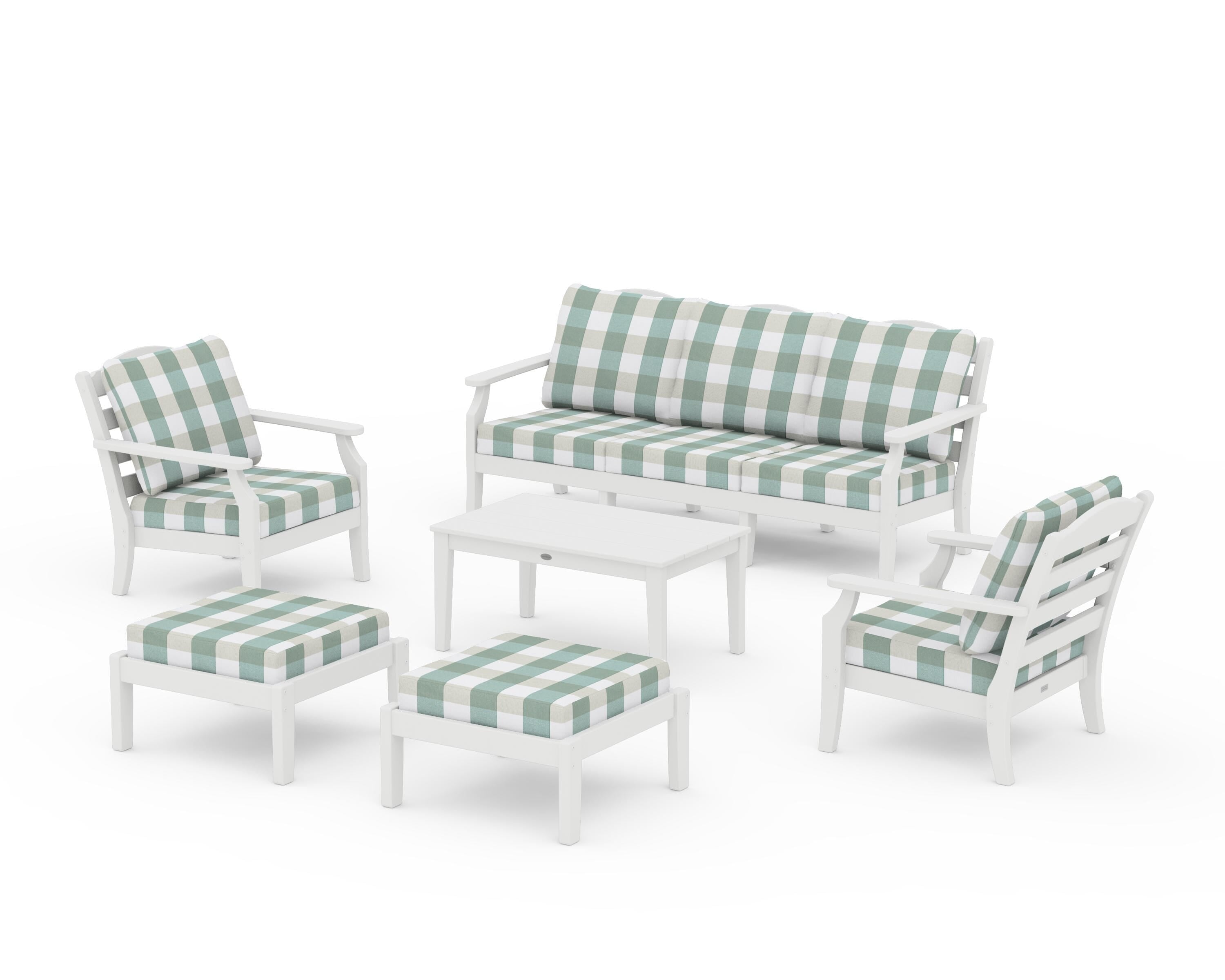 Draper James™ by  POLYWOOD® Savannah 6-Piece Lounge Sofa Set in White / Buffalo Plaid Glacier Spa