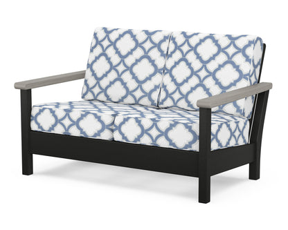 POLYWOOD® Harbour Deep Seating Loveseat in Black / Driftwood / Trellis Sky Blue