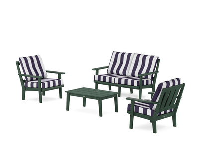 POLYWOOD® Oxford 4-Piece Deep Seating Set with Loveseat in Green / Cabana Stripe Navy