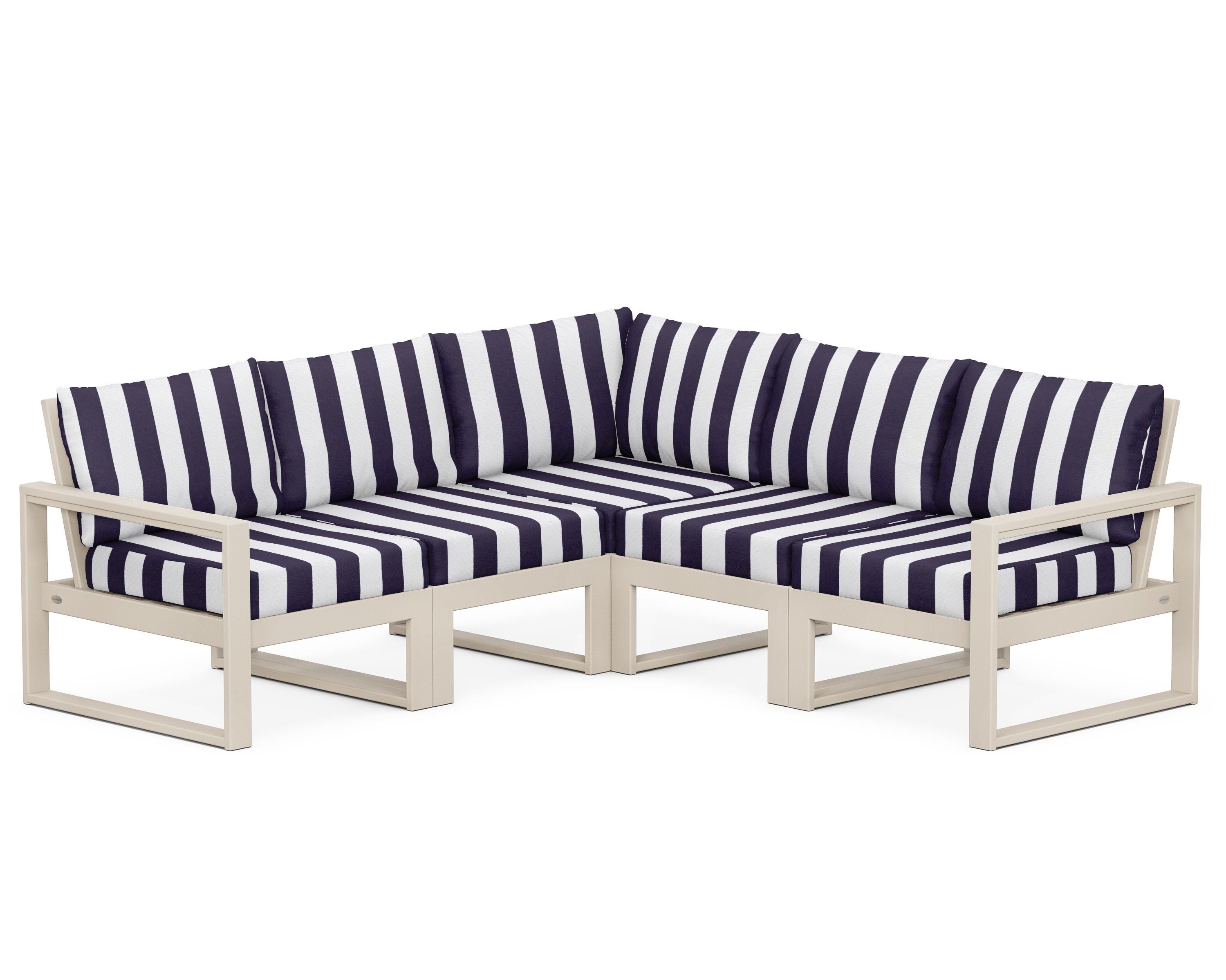 POLYWOOD® EDGE 5-Piece Modular Deep Seating Set in Sand / Cabana Stripe Navy