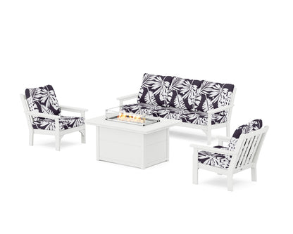 POLYWOOD® Vineyard Deep Seating Fire Pit Table Set in White / Leaf Navy