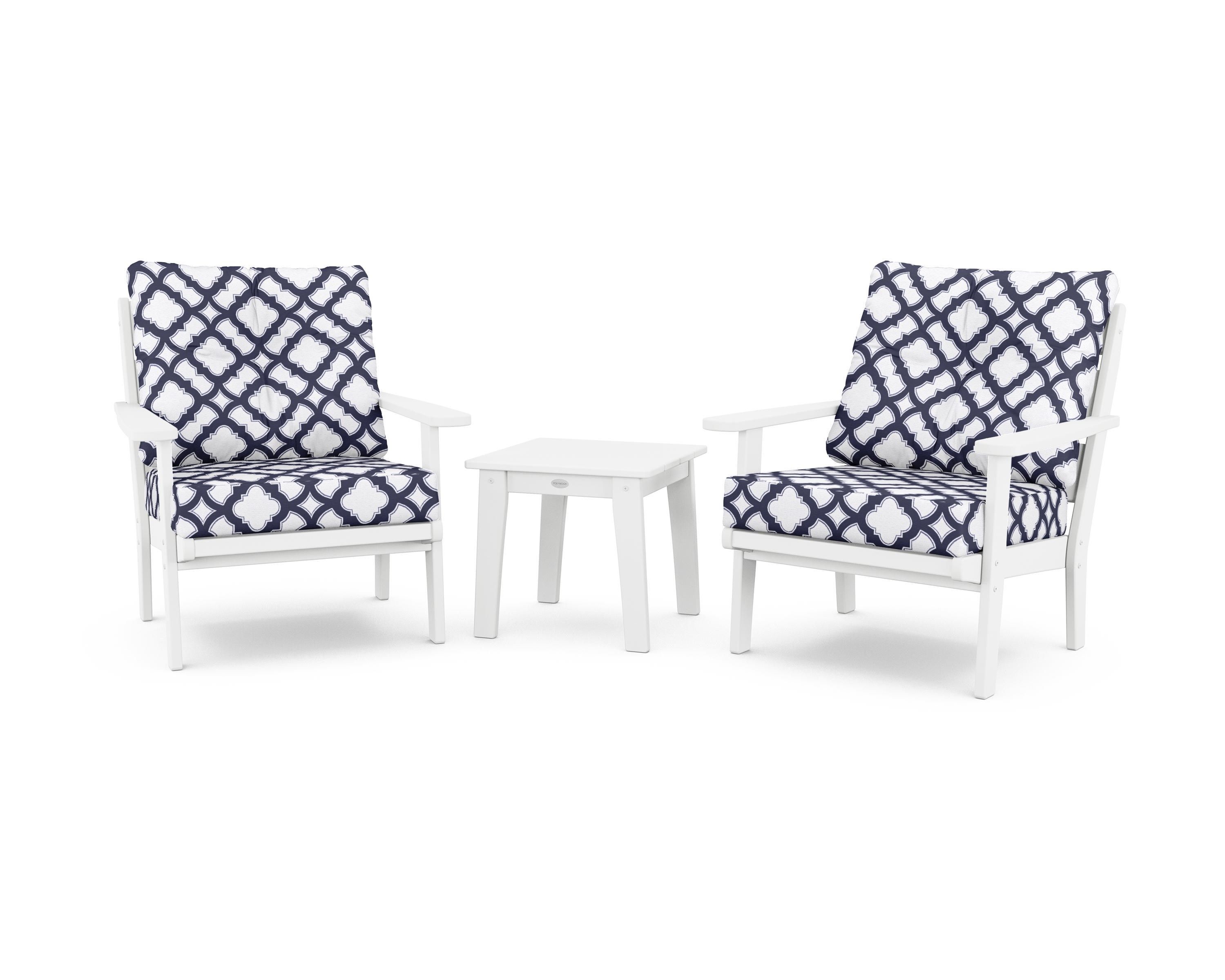 POLYWOOD® Lakeside 3-Piece Deep Seating Chair Set in White / Trellis Navy