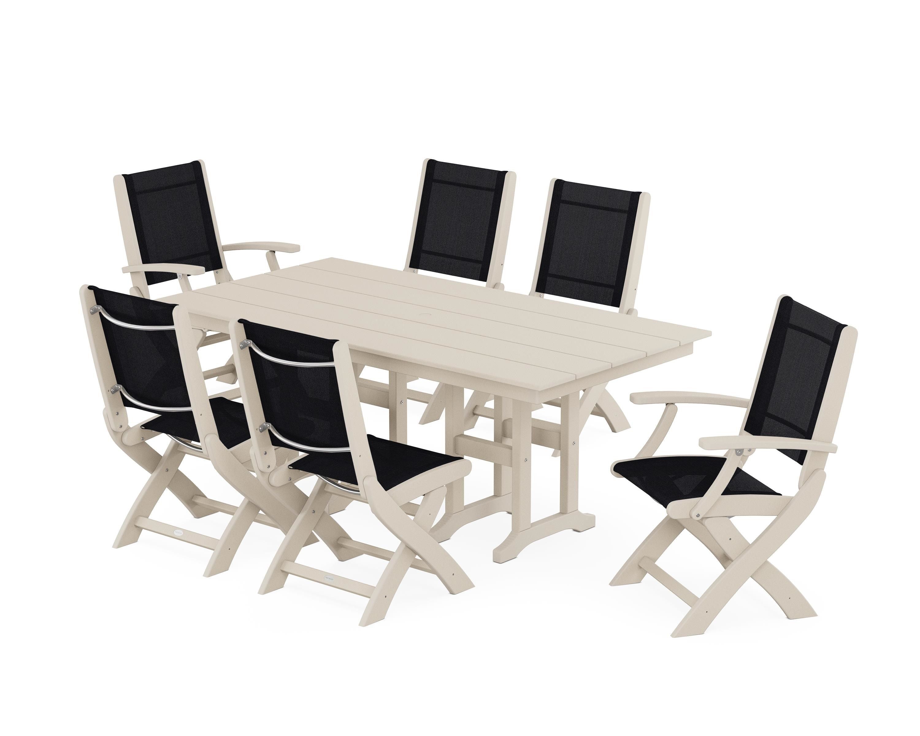 POLYWOOD® Coastal Folding Chair 7-Piece Farmhouse Dining Set in Sand / Black Sling