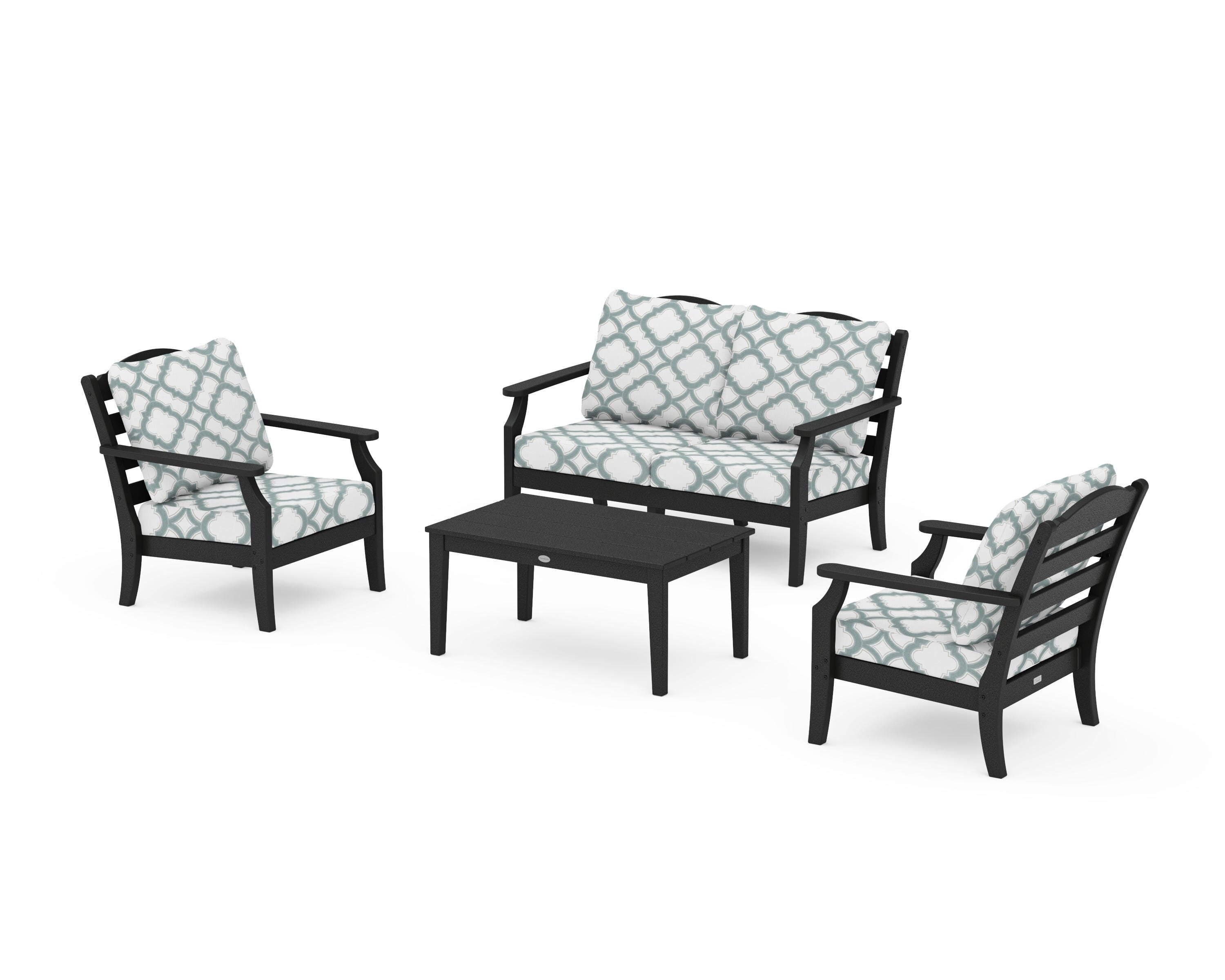 Draper James™ by  POLYWOOD® Savannah 4-Piece Deep Seating Set with Loveseat in Black / Trellis Glacier Spa