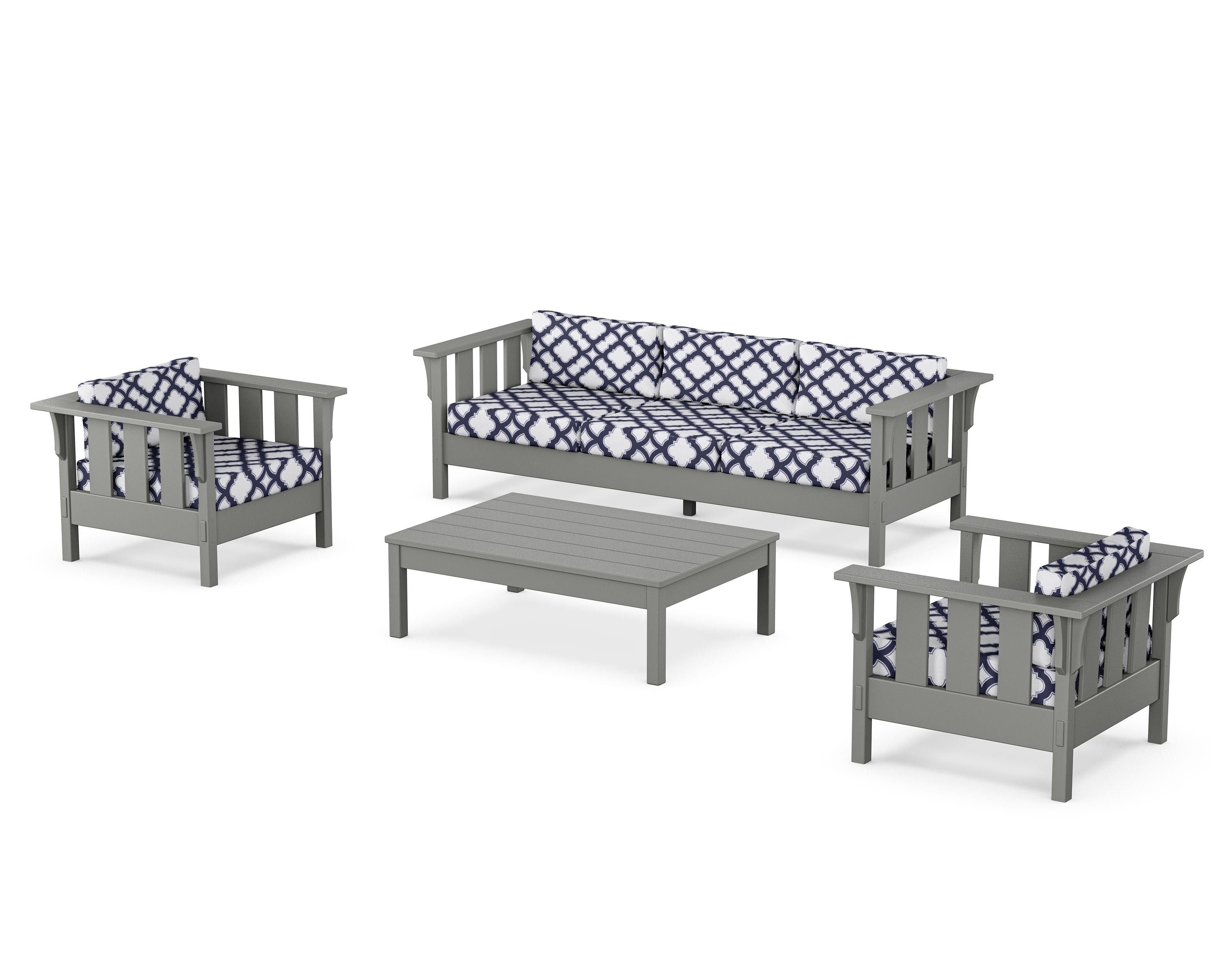Martha Stewart by POLYWOOD® Acadia 4-Piece Deep Seating Set with Sofa in Slate Grey / Trellis Navy