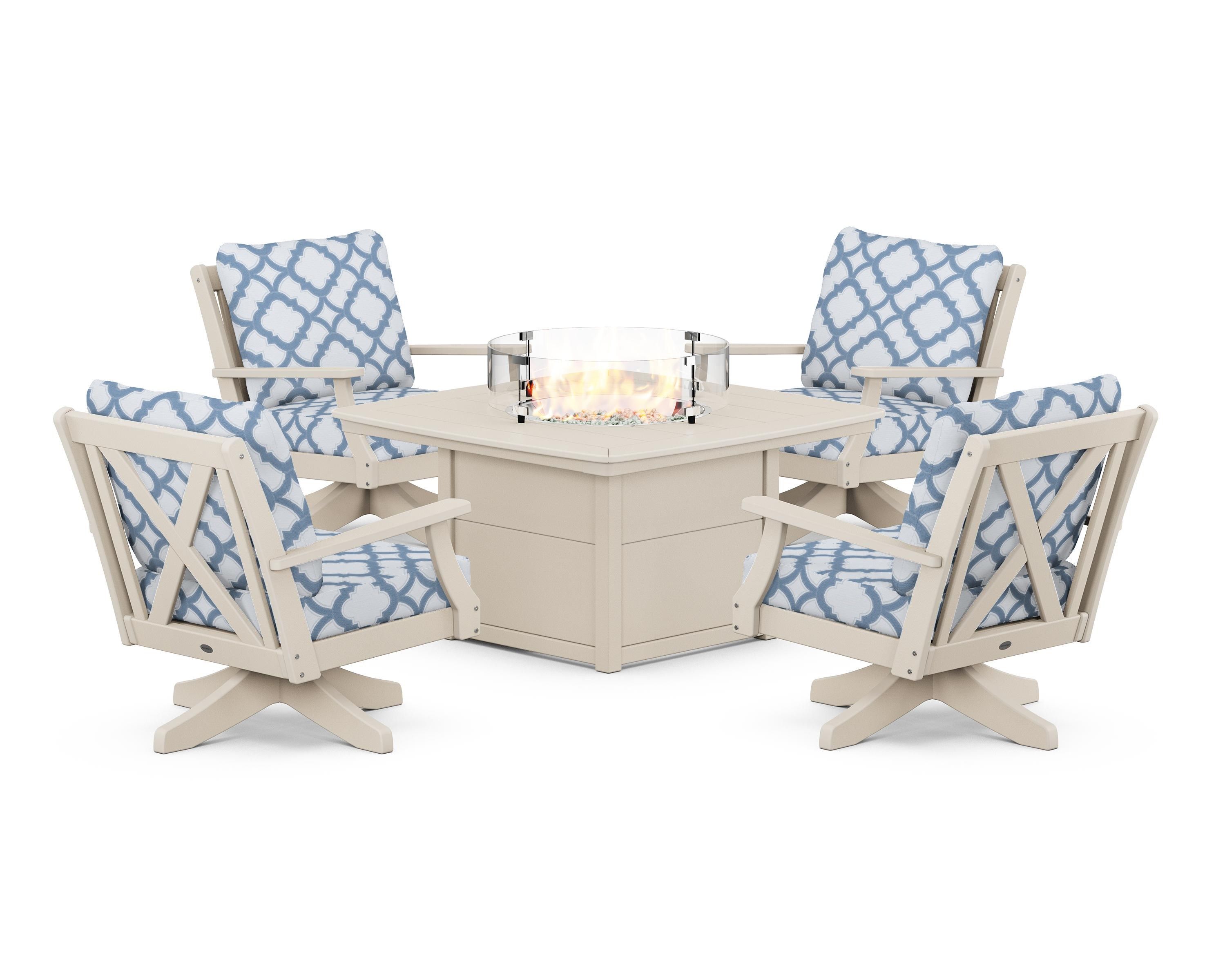 POLYWOOD® Braxton 5-Piece Deep Seating Swivel Conversation Set with Fire Pit Table in Sand / Trellis Sky Blue