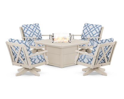POLYWOOD® Braxton 5-Piece Deep Seating Swivel Conversation Set with Fire Pit Table in Sand / Trellis Sky Blue