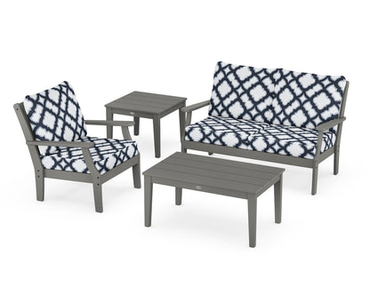 POLYWOOD® Braxton 4-Piece Deep Seating Set in Slate Grey / Trellis Marine Indigo