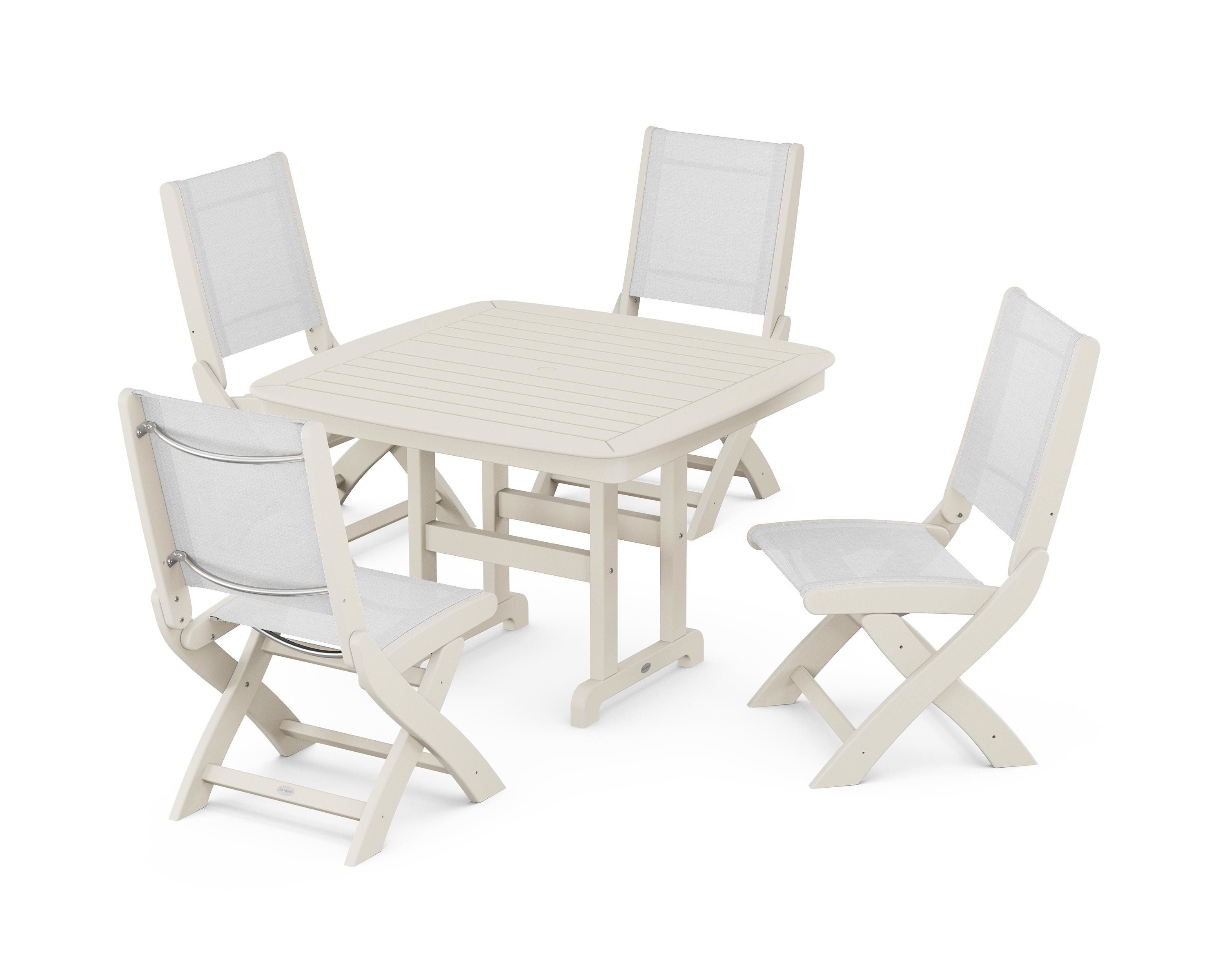 POLYWOOD® Coastal Folding Side Chair 5-Piece Dining Set in Sand / White Sling