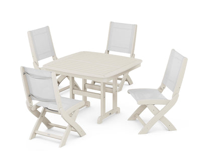 POLYWOOD® Coastal Folding Side Chair 5-Piece Dining Set in Sand / White Sling