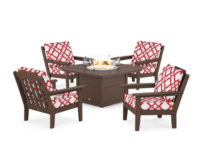 Country Living Cottage 5-Piece Deep Seating Set with Fire Pit Table in Mahogany / Trellis Crimson