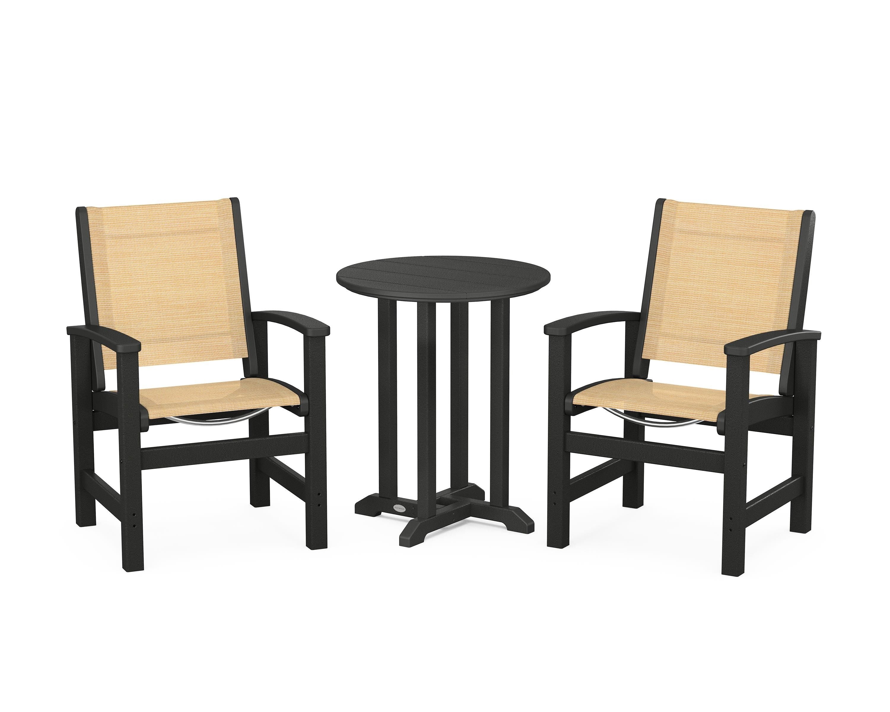 POLYWOOD® Coastal 3-Piece Round Bistro Dining Set in Black / Dupioni Apricot Sling