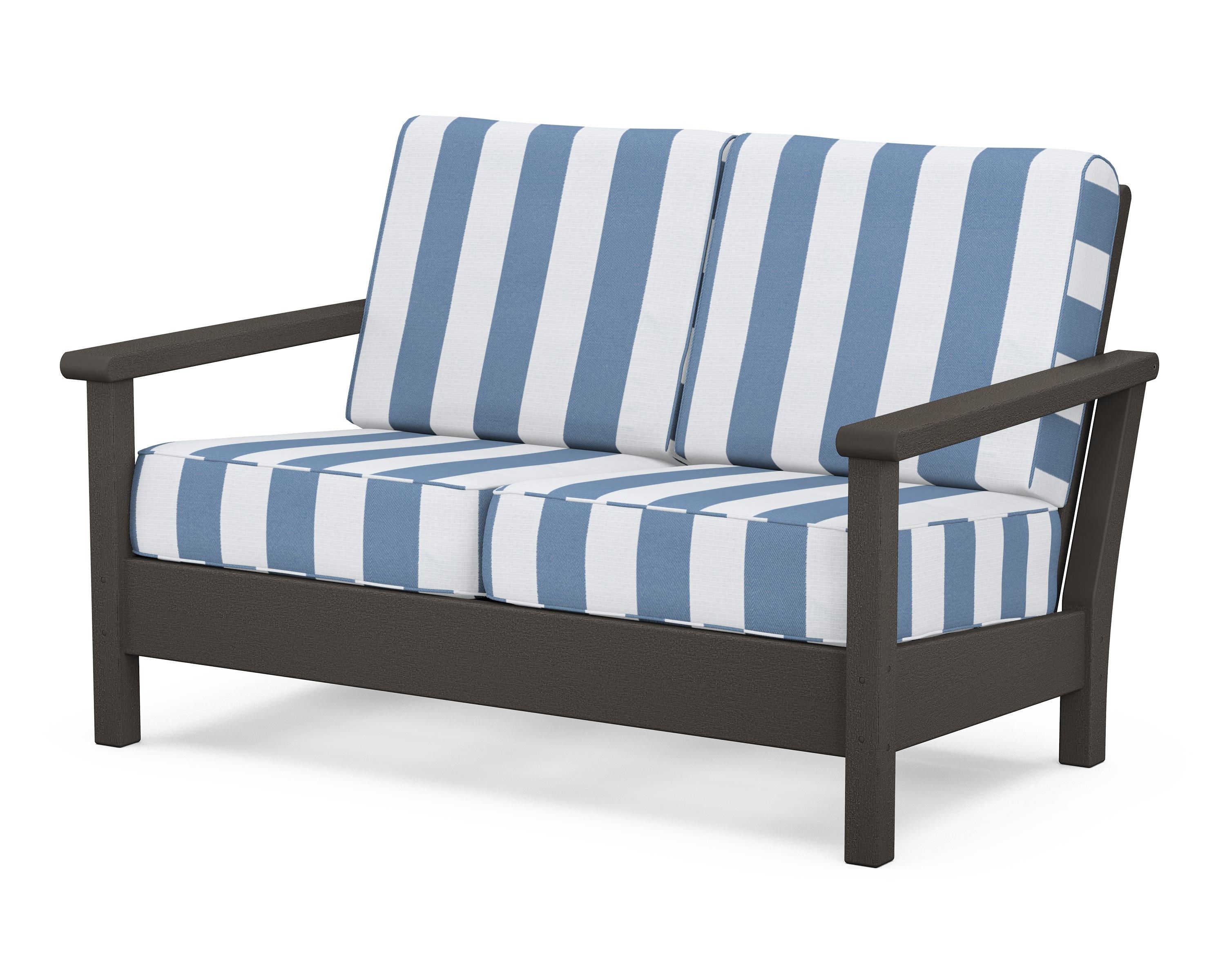 POLYWOOD® Harbour Deep Seating Loveseat in Vintage Coffee / Cabana Stripe Sky Blue