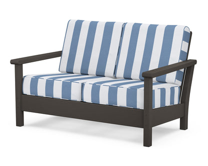 POLYWOOD® Harbour Deep Seating Loveseat in Vintage Coffee / Cabana Stripe Sky Blue