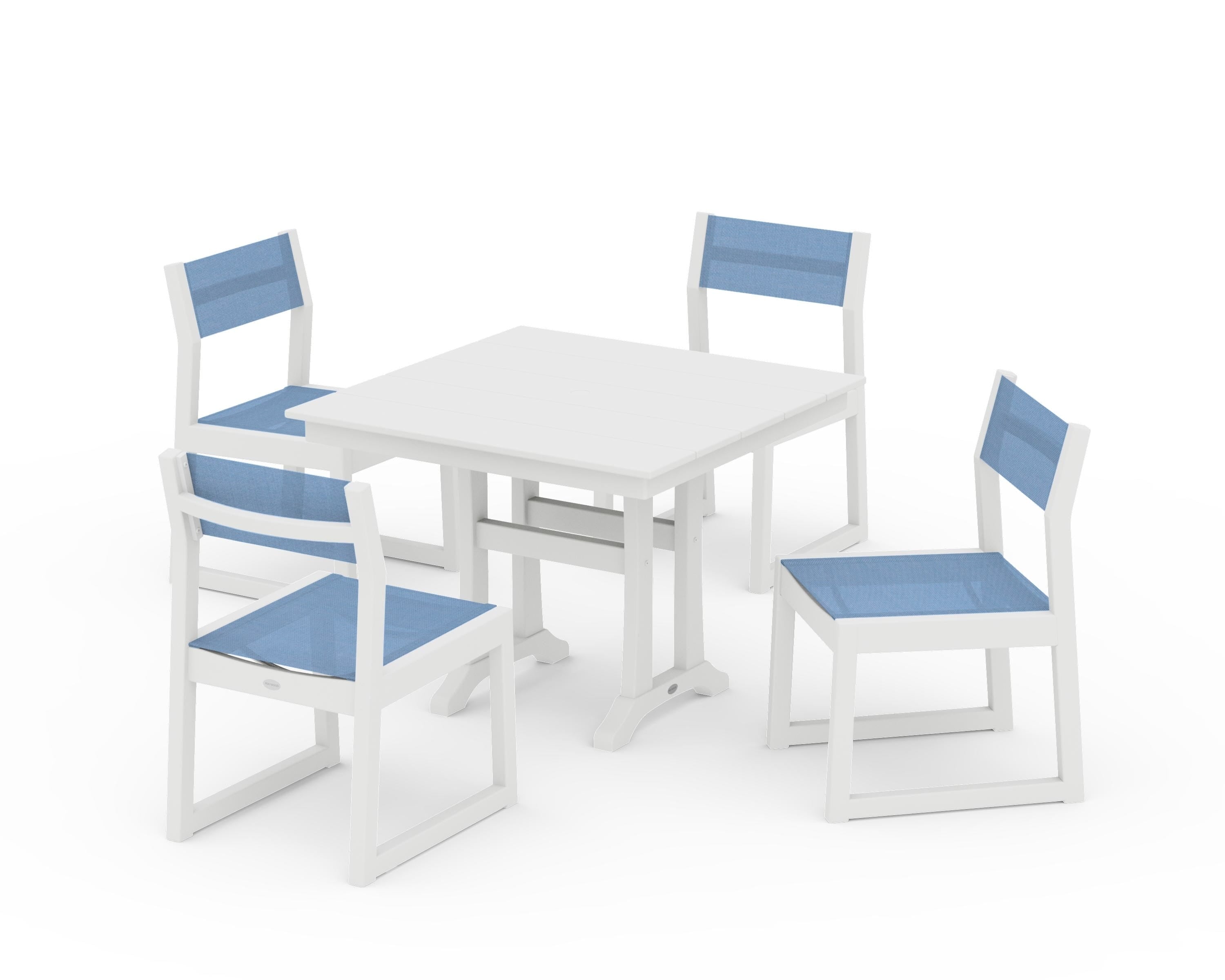 POLYWOOD® EDGE Sling 5-Piece Farmhouse Trestle Side Chair Dining Set in White / Poolside Sling