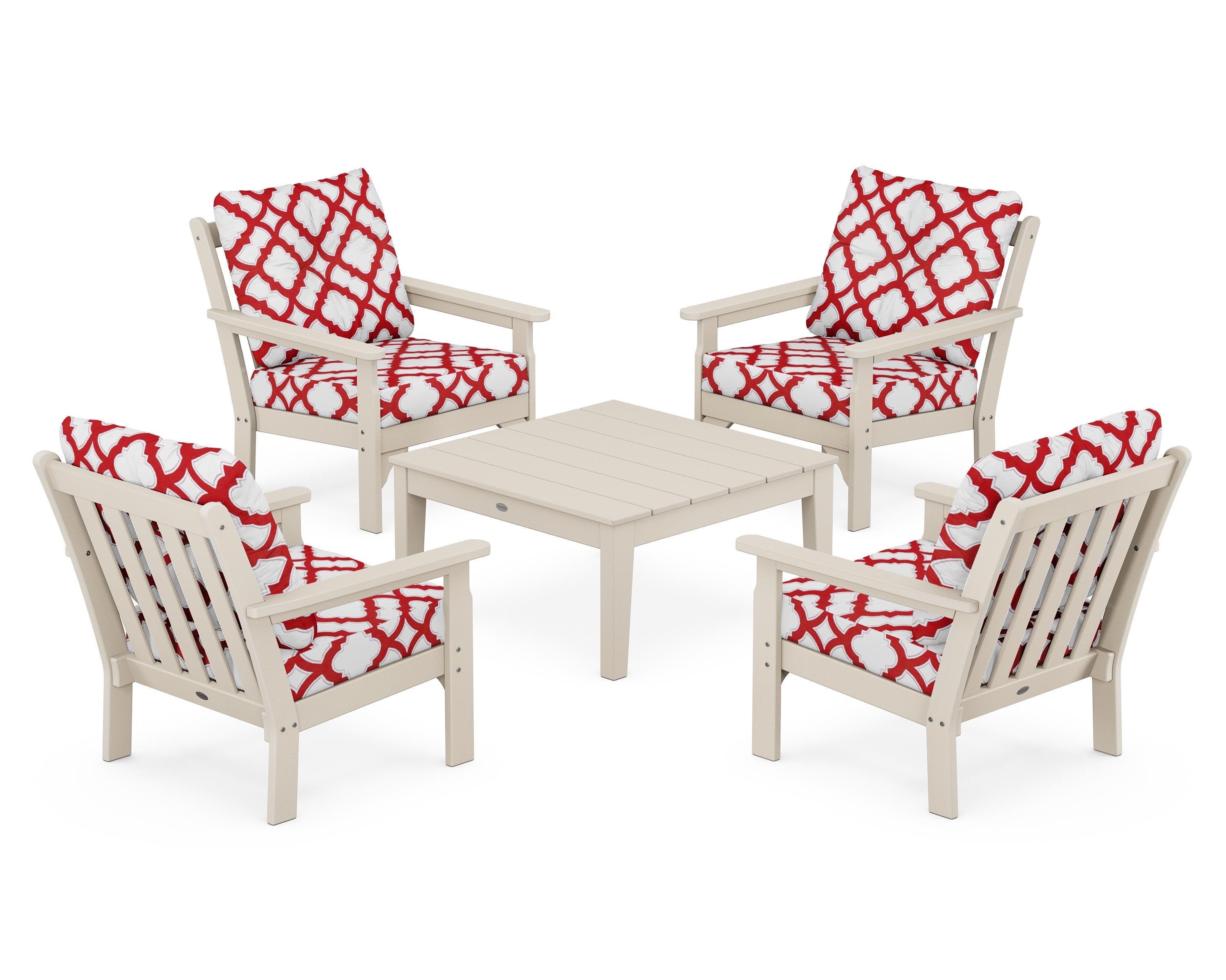 POLYWOOD® Vineyard 5-Piece Deep Seating Conversation Set in Sand / Trellis Crimson